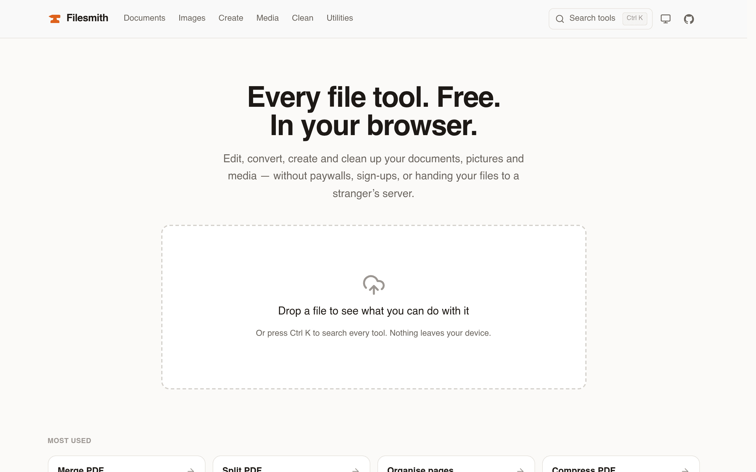 FileSmith: Edit, convert and clean up PDFs, images and media entirely in the browser.