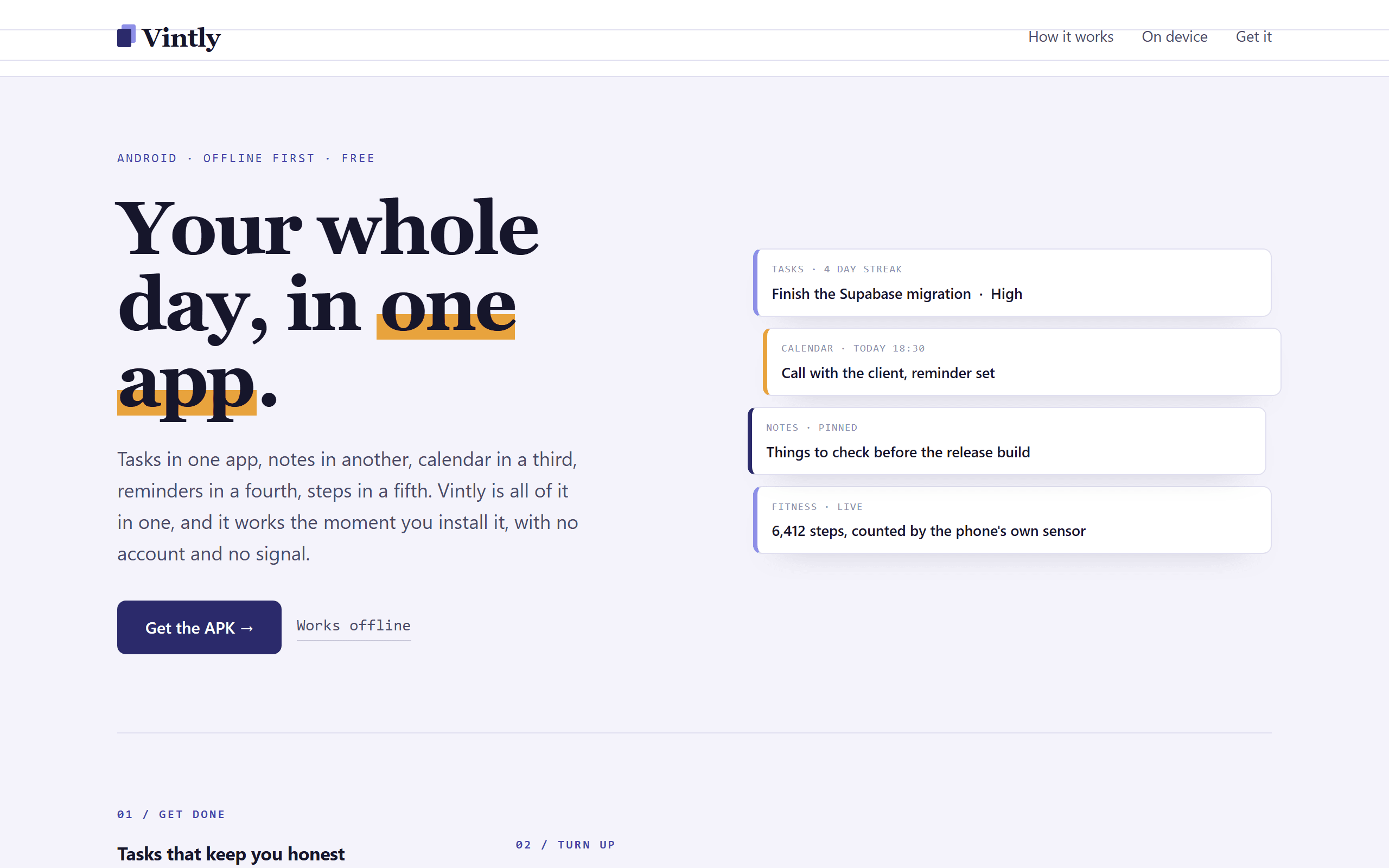Vintly: Tasks, notes, calendar, reminders, streaks, fitness and chat as one installable Android app.
